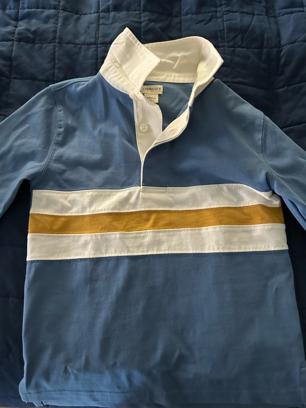4-5 t Crewcuts kids Blue Rugby Polo with White & Mustard Stripe